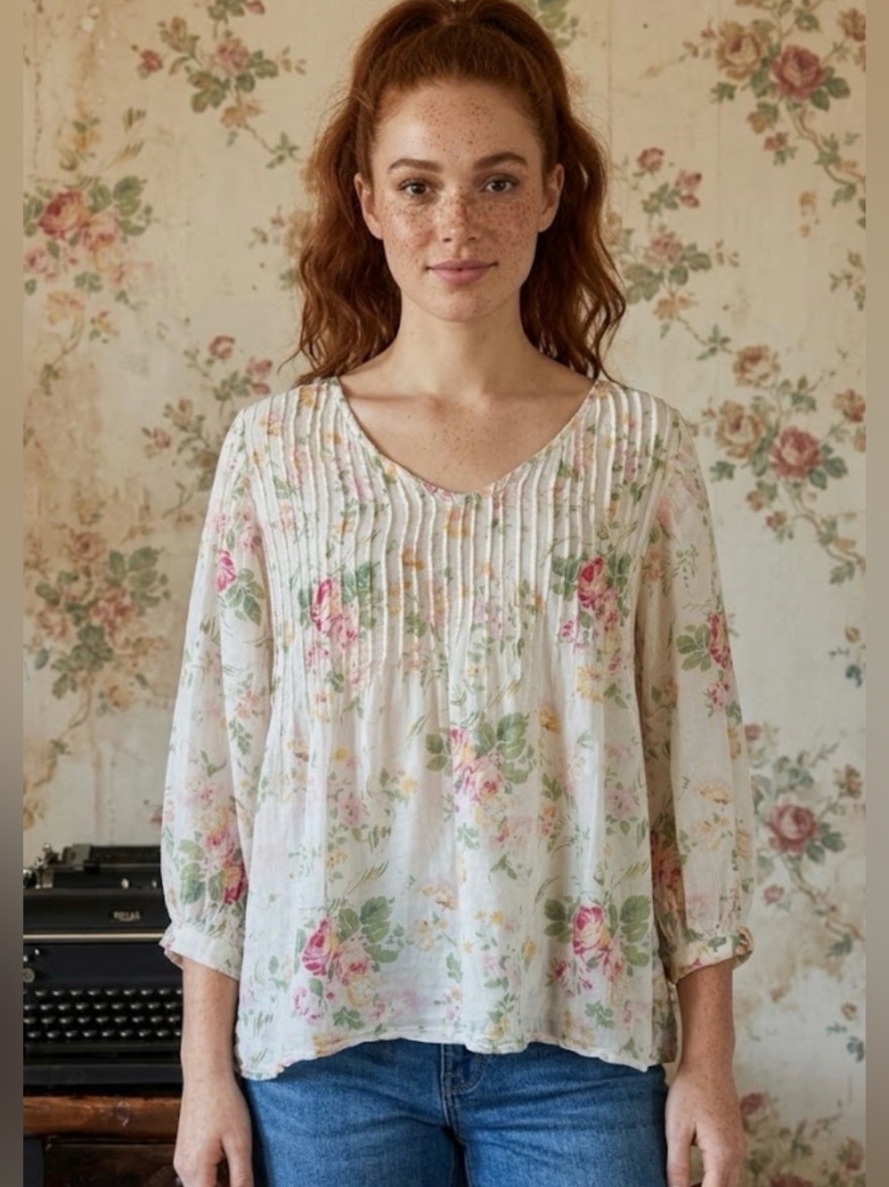 Dolma Alya Floral Top in White - Size Medium